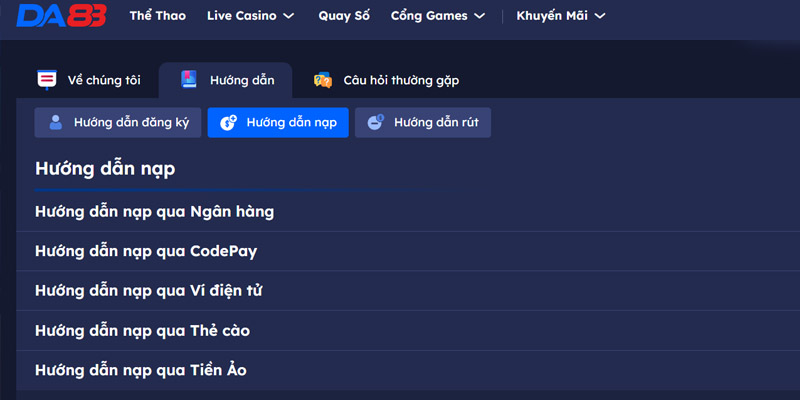 DA88 cung cấp nhiều lựa chọn nạp/rút tiền phổ biến cho cược thủ